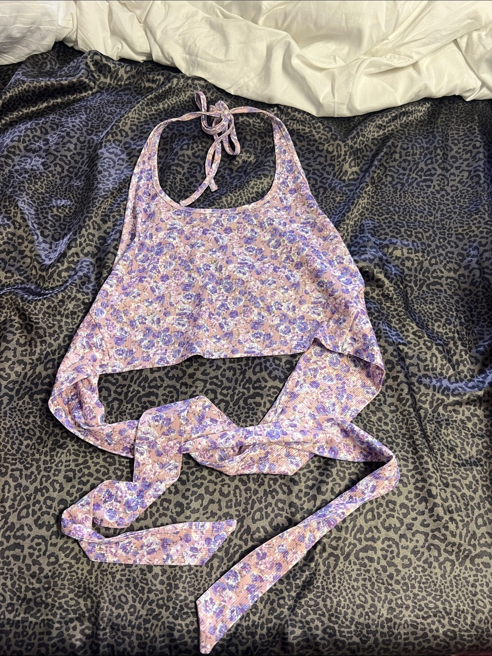 Shein Floral Tie-Back Halter Crop Top - Lavender